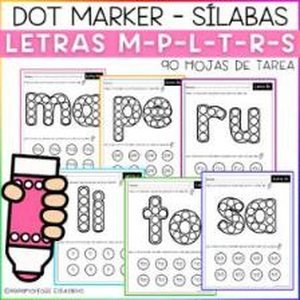 Portada de Dot Marker · Sílabas · Letra m,p,l,t,r,s · Hojas de tarea