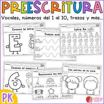 Portada de Preescritura Pre-K & K (Vocales, Números, Motricidad Fina)